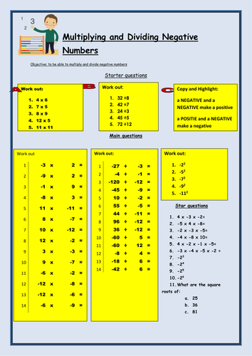 ks3 multiply and dividing by negative numbers teaching