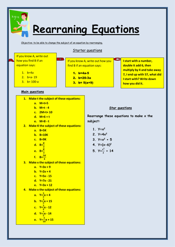 Rearranging Equations Worksheet - KS3 / GCSE by bcooper87 - Teaching