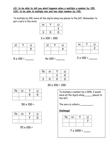 Multiplying 1 and 2 digit numbers by 100 (x100) | Teaching Resources