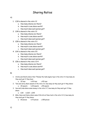 Sharing in Ratios worksheet | Teaching Resources