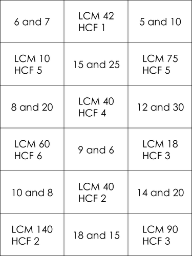 KS3 - HCF and LCM Matching Cards