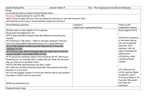 Sleeping Sword Guided Reading Lessons Level 4+