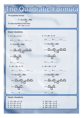 GCSE - The Quadratic Formula Revision Worksheet