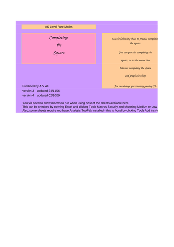 Completing the square - interactive worksheet