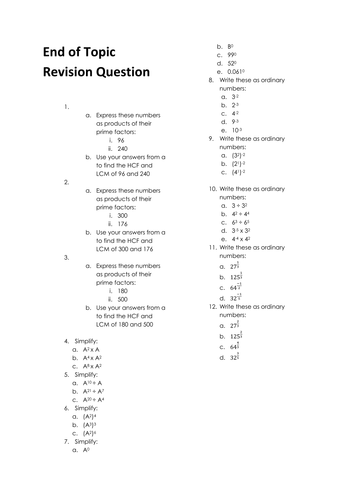 Revision sheet for laws of indices