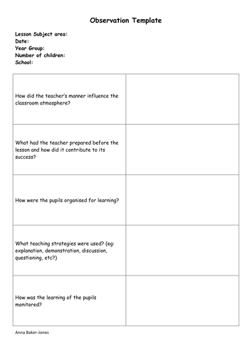 Observation Template - Teacher Training/PGCE/TA | Teaching Resources