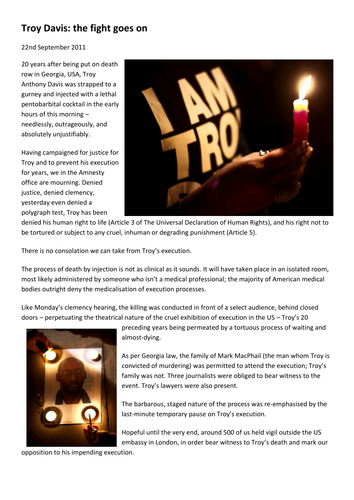 Troy Davis resource and exam style questions