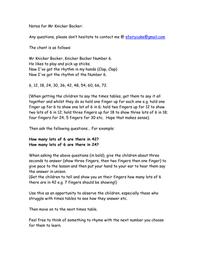 Mr Knicker Bocker Maths times table starter