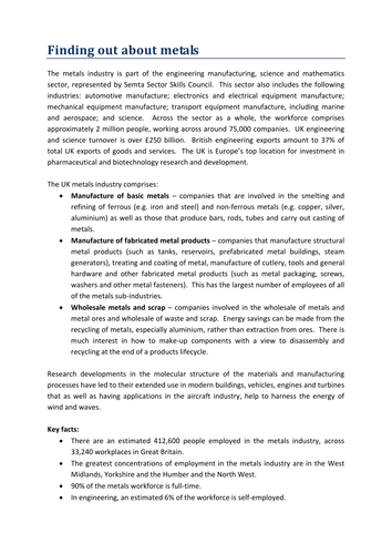 Metals industry careers factsheet