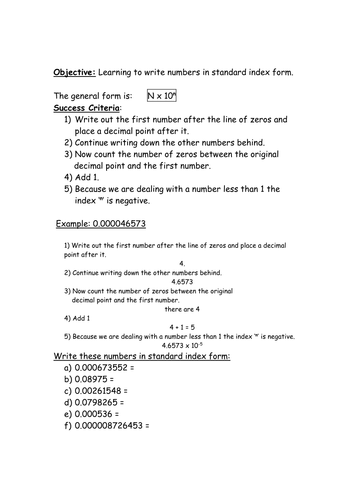 Standard Index Form Worksheet (BL)
