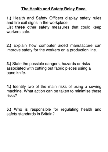 GCSE. Health & Safety in Industry Relay