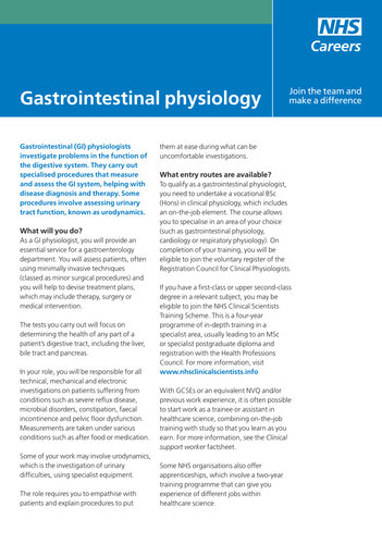 NHS Careers: Gastrointestinal physiology