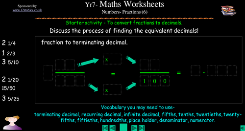 KS3 Converting Fractions to Decimals Worksheets