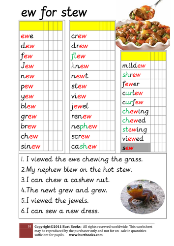 PHONIC WORKSHEETS EW AS IN STEW | Teaching Resources