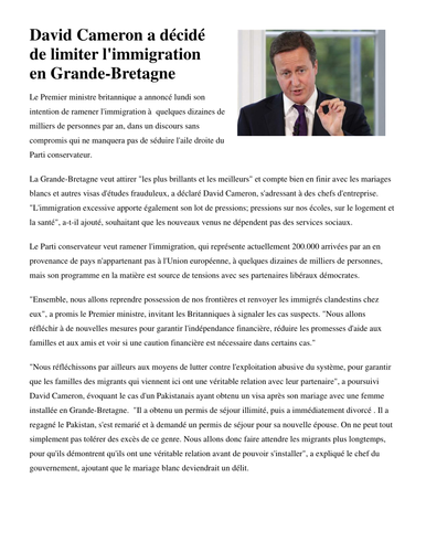 French article on immigration in UK + activities