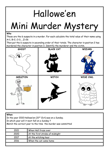 KS2 Maths Mini Murder Mystery for Hallowe'en