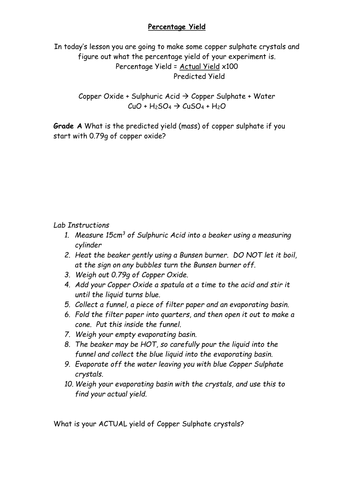 Printables Percent Yield Calculations Worksheet percentage yield experiment by klanger teaching resources tes