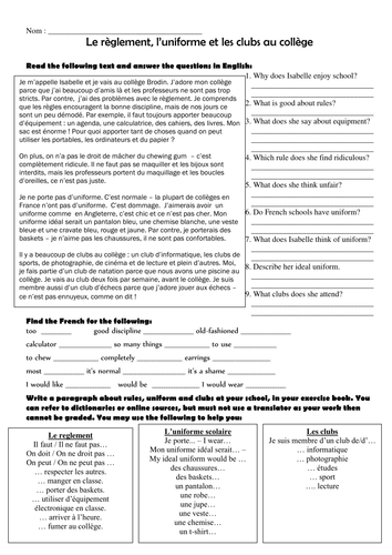 Clubs, uniform and school rules worksheet