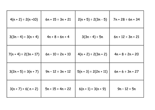 Solving Equations Loop and Matching Cards Game