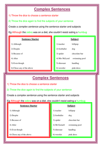 Complex sentence game | Teaching Resources