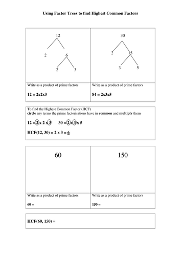 Using factor trees to find Highest Common Factors