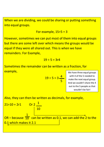 Decimals explanation card fractions with remainder
