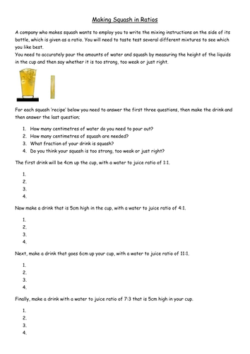 Ratio Practical - Making Squash - KS3