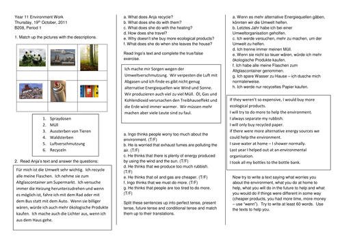 KS4 Environment Worksheet- Vocab, reading, translation and writing prompt