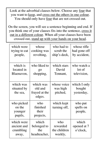 Adjectivial/embedded clause bingo game