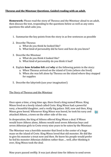 Comprehension on Theseus and Minotaur | Teaching Resources
