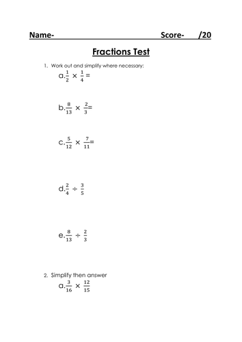KS3 Maths Operations with Fractions Revision Test