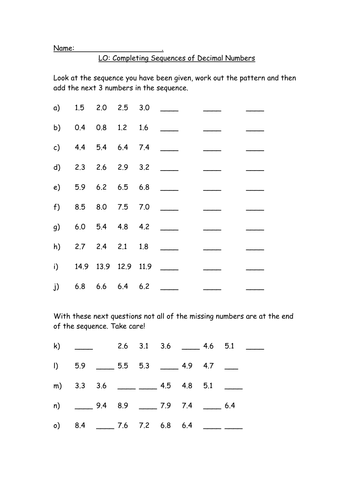 decimal sequences teaching resources