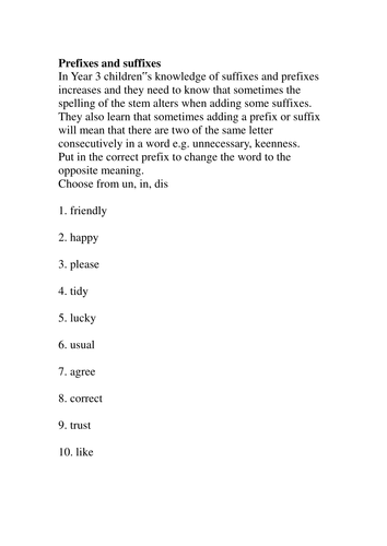 Worksheet on prefixes in, un and dis | Teaching Resources