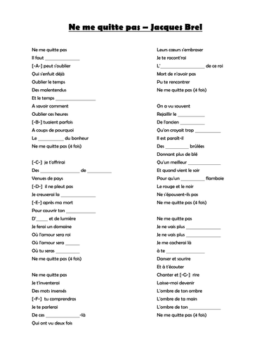 Ne me quitte pas - Jacques Brel - Worksheet