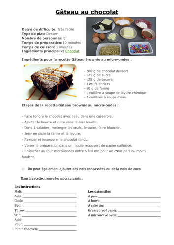 Chocolate Cake Recipe Teaching Resources