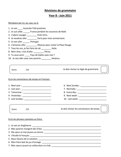 Revision worksheet on holidays