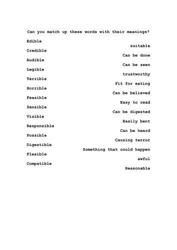 Suffixes activity - ible