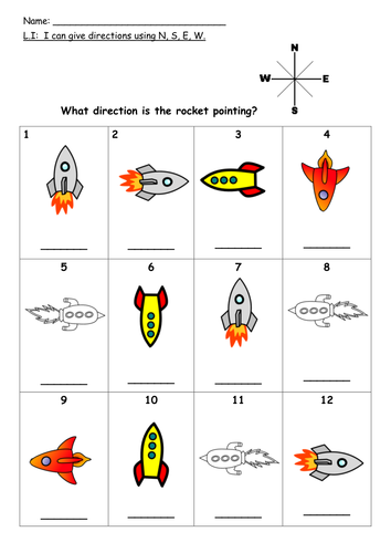 Directions North South East West Worksheets N, S, E, W Rocket Directions | Teaching Resources