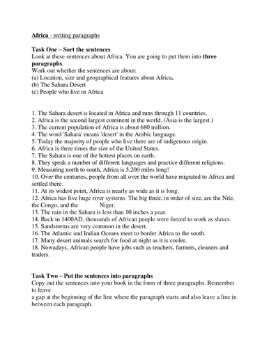 Africa - sorting sentences into paragraphs | Teaching ...