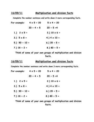 multiplication and division facts teaching resources