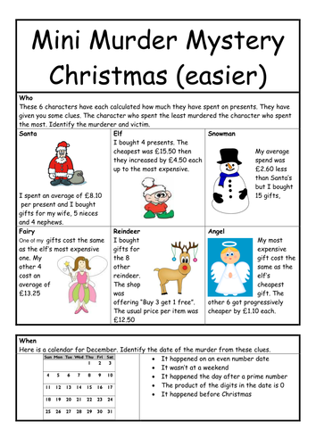 Murder mystery for Christmas worksheet