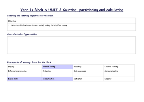 Y1 Maths outline plans for blocks and units