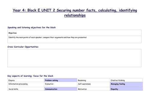 Y4 Maths outline plans for all blocks and units