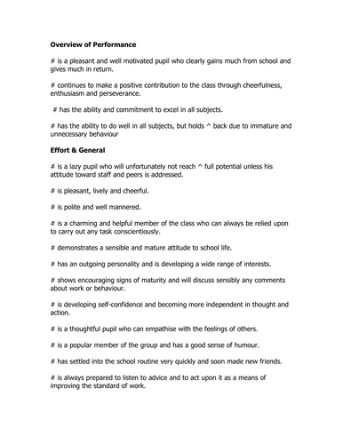 Sample comments for students' performance image