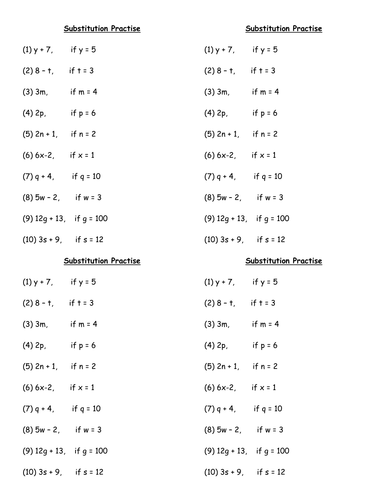KS3 Maths Algebra Simple Substitution Worksheet