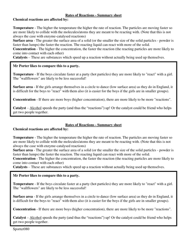 Rates of reaction summary sheet