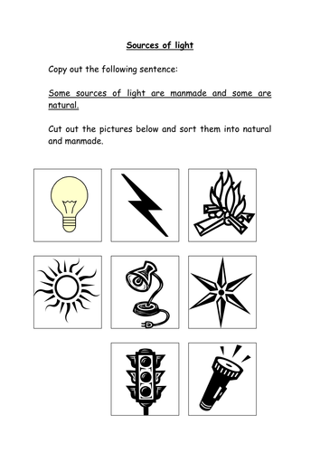 Natural or Artificial Sources of Light Worksheet - Twinkl