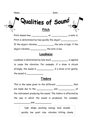 qualities of sound cloze activity teaching resources