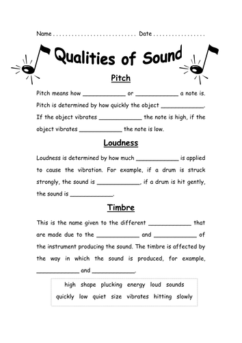 Qualities of sound cloze activity