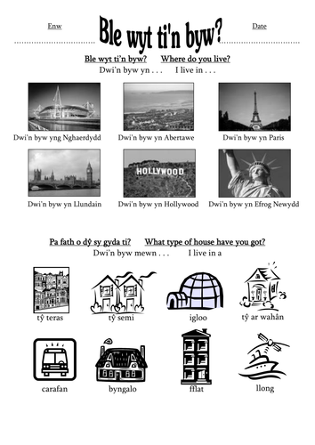 Ble wyt ti'n byw vocabulary and questions